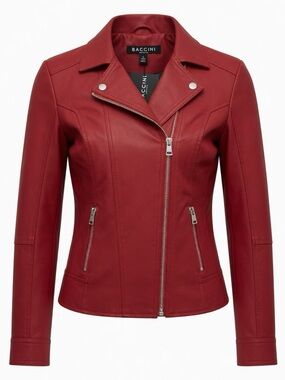 Baccini Red Leather Moto Jacket with Silver Zippers